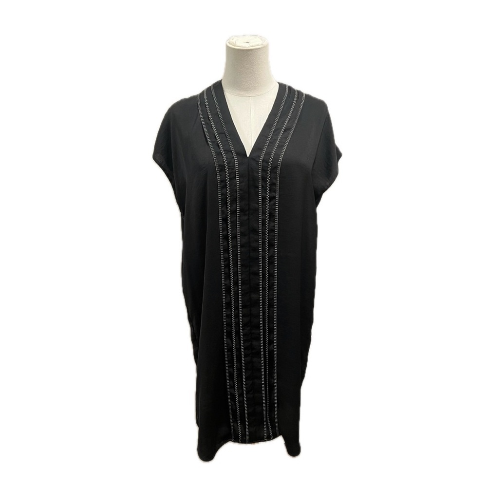 vince black v neck short sleeve tunic dress silver embroidery embroidered luxury